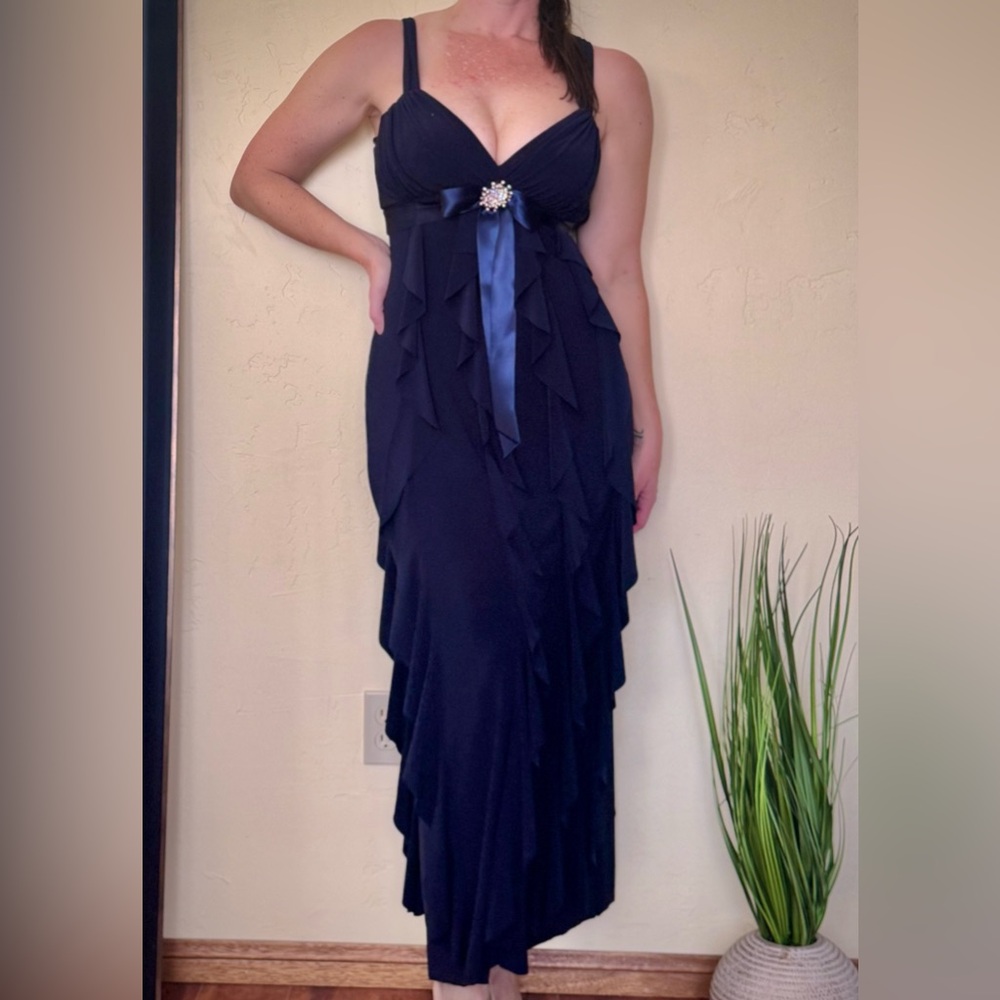 Betsy & Adam Navy Formal Dress with Ruffles & Rhinestone Brooch